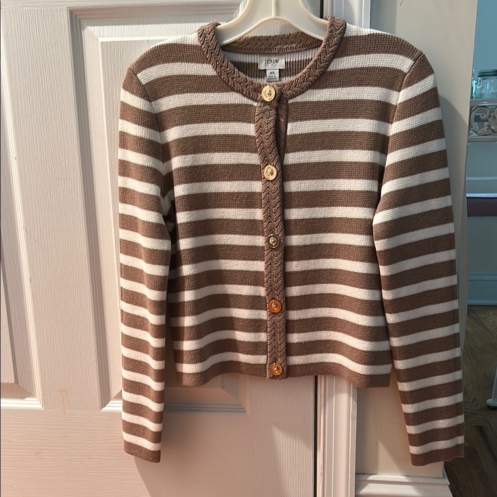 J. Crew Brown and White Striped Cardigan Sweater
